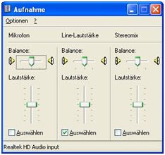 Aufnahmeeinstellungen unter Windows XP